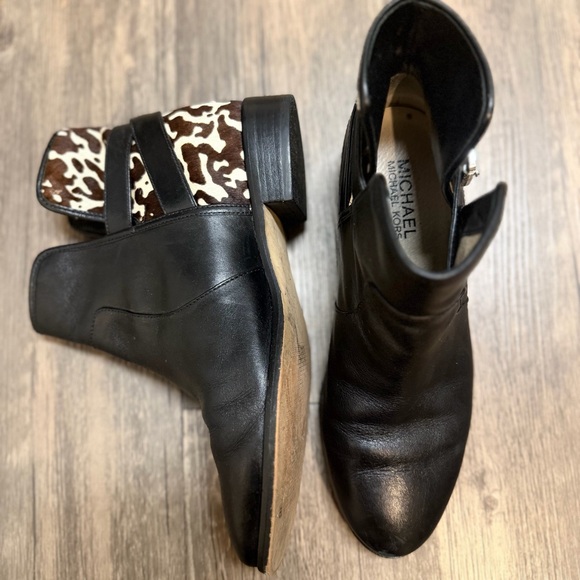 Michael Kors Shoes - Michael Kors Salem Black Leather Leopard Haircalf Panel Buckle Ankle Booties 6.5